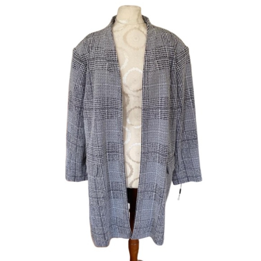 Calvin Klein Plaid Open Front Topper Duster Longline Blazer Coat Black White 24W